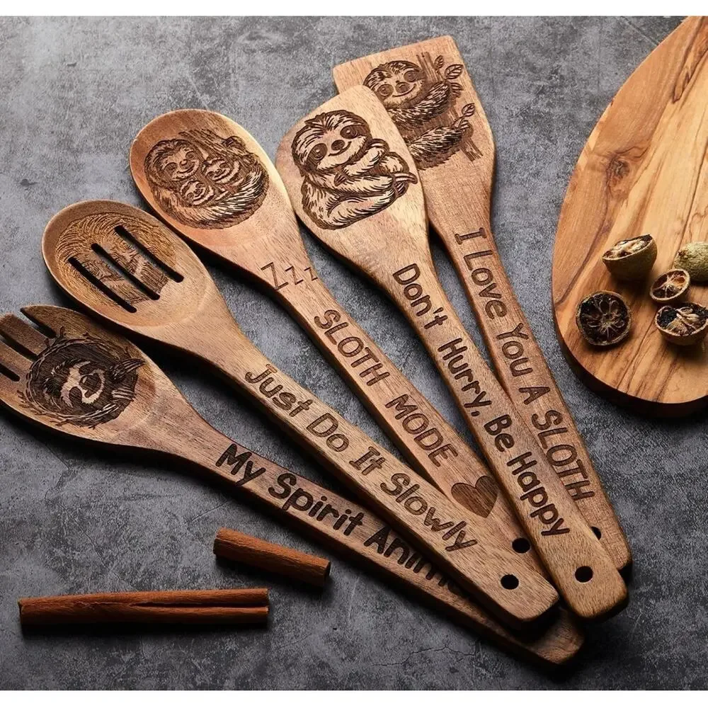 6 Pcs Sloth Gifts for Women Kitchen Gift Set with Acacia Cooking Spoons Apron